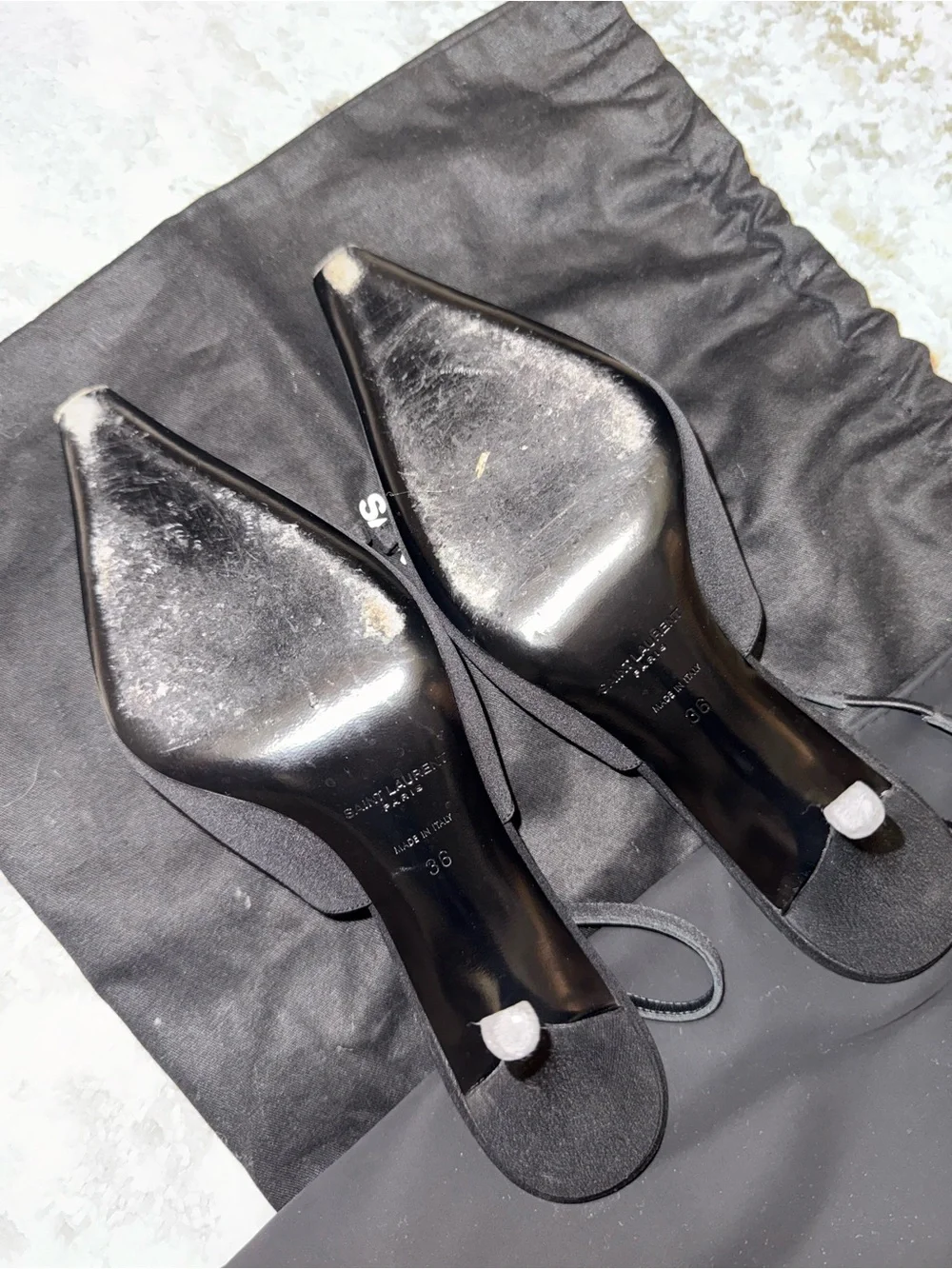 Saint Laurent Black Bow Slingback Heels with Crystal Buckle